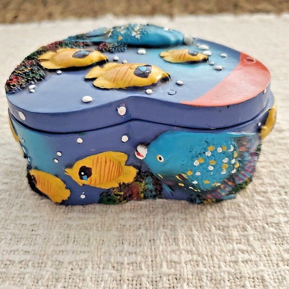 Colorful Hand Painted Heart Shaped Tropical Fish Trinket Box Ceramic 3D Fish - Picture 5 of 8